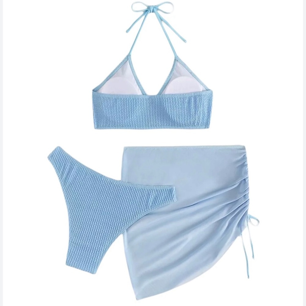 3pc Blue Halter High Cut Bottom Bikini Set with Cover Up - Picture 4 of 9